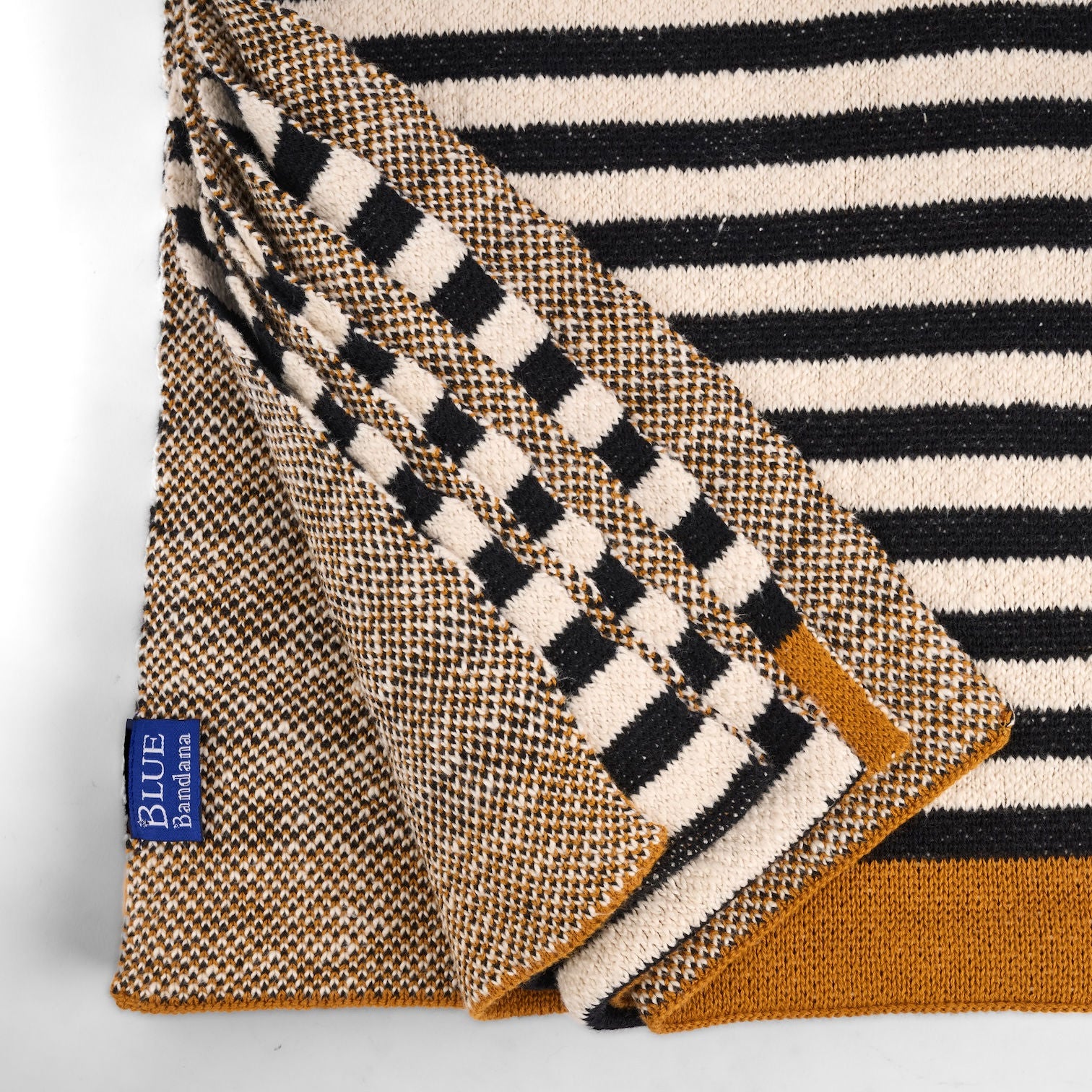 Knitted Cotton Throw - B&W stripes with Mustard border - Image 3